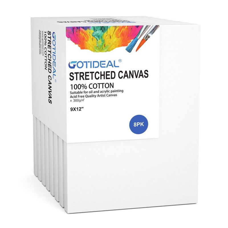 GOTIDEAL Stretched Canvas, 9x12 Inch Set of 8, Primed White - 100% Cotton Artist Canvas Boards for Painting, Acrylic Pouring, Oil Paint Dry & Wet Art Media - Image 1